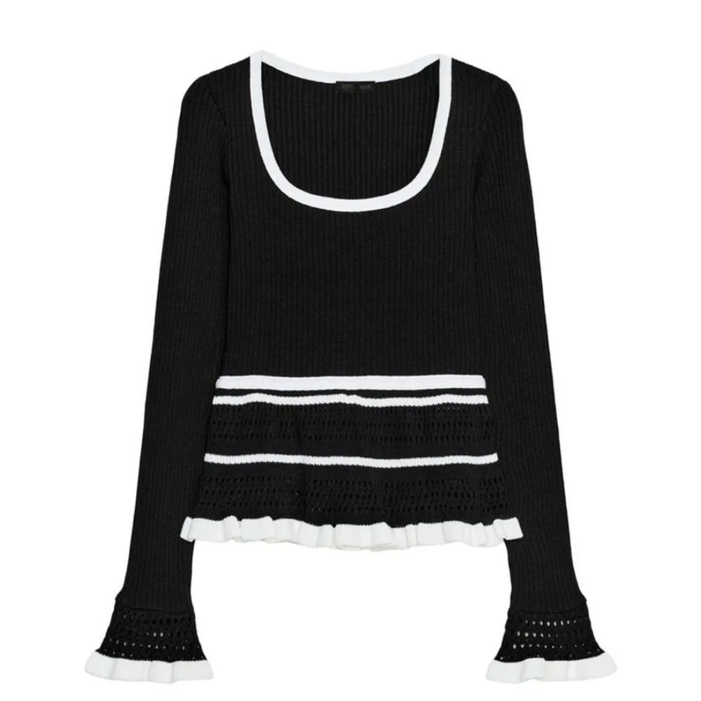 NWT Zara Crochet Ribbed Knit Cropped Long Sleeve Top In Black - M